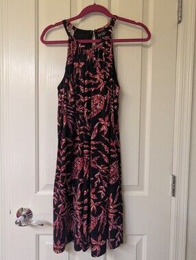 Nicole Miller New York Black Midi Halter Dress with Pink Botanical Print